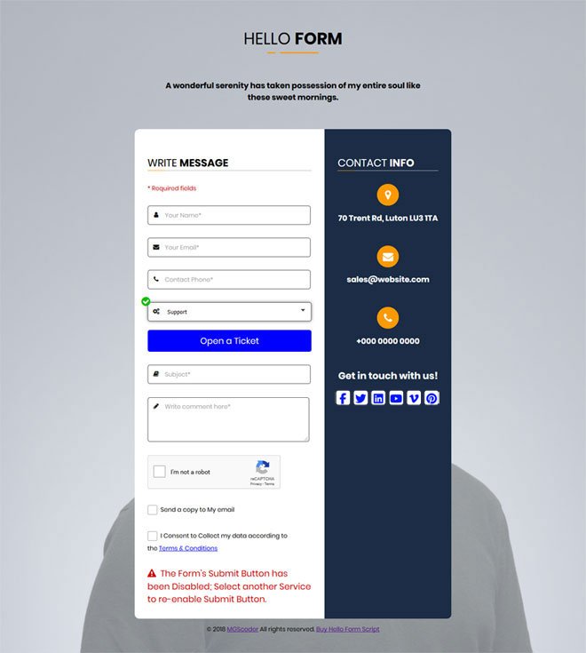 Contact Form with Support Ticket Button