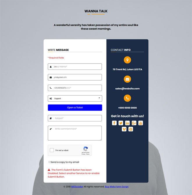 Contact Form with Support Ticket Button